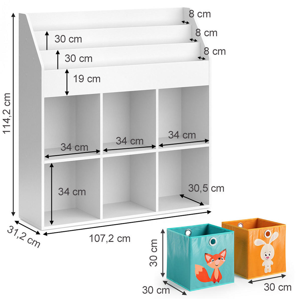KINDERREGAL Luigi Weiß 107.2 x 114.2 cm mit 6 Faltboxen opt.1 - Weiß, Holzwerkstoff (107.2/114.2/31.2cm) - Vicco