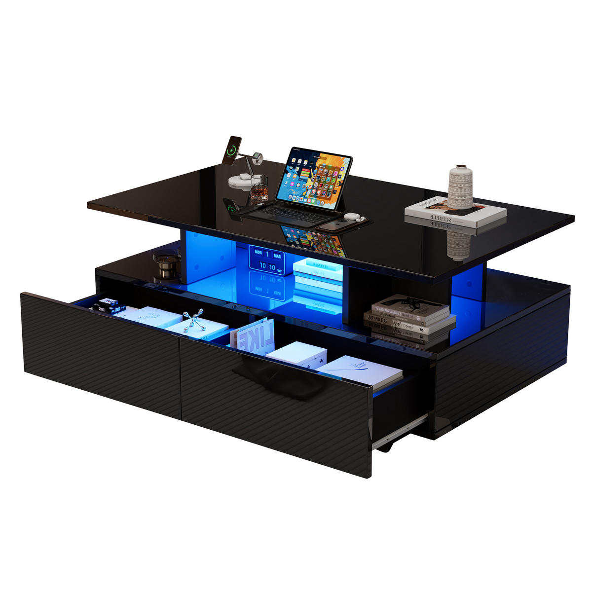 COUCHTISCH, Hochglanz-Spanplatte, 2 Schubladen, integrierte LED, 90/55/41 cm, Schwarz - Schwarz, Holzwerkstoff (90/55/41cm) - Redom