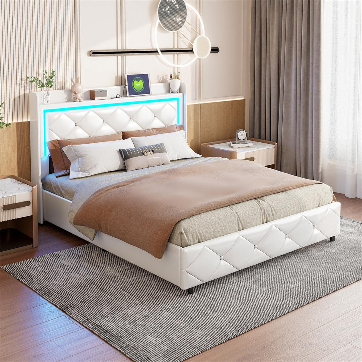 POLSTERBETT 140x200 cm mit LED-Beleuchtung , USB-Ladestation und hydraulischer Hebefunktion - ohne Matratze - Weiß, Textil (140/200cm) - DELFA