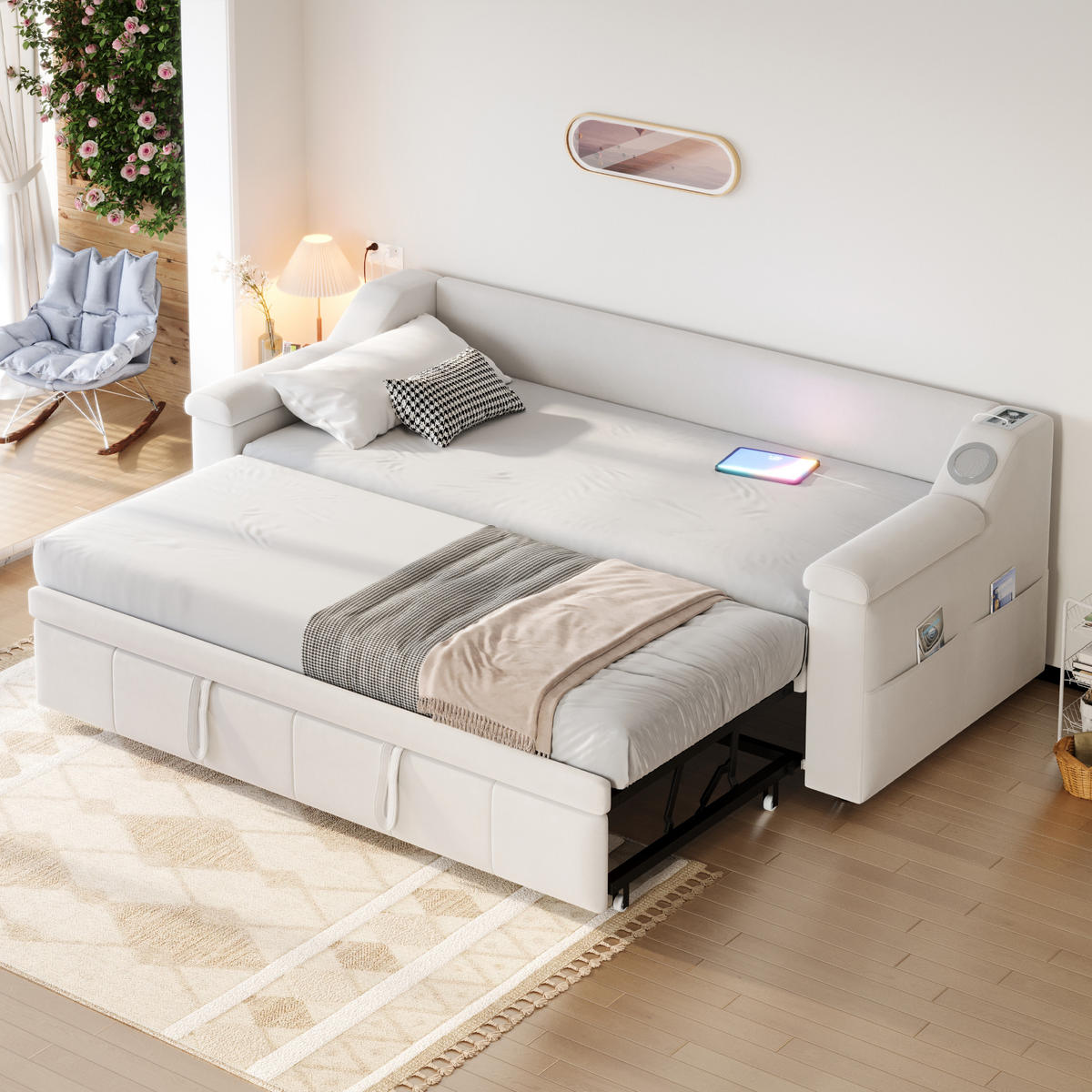 AUSZIEHBETT 90/190 cm beige mit Bluetooth-Stereoanlage und Ablagefächern - Weiß, Textil (90/190cm) - OKWISH