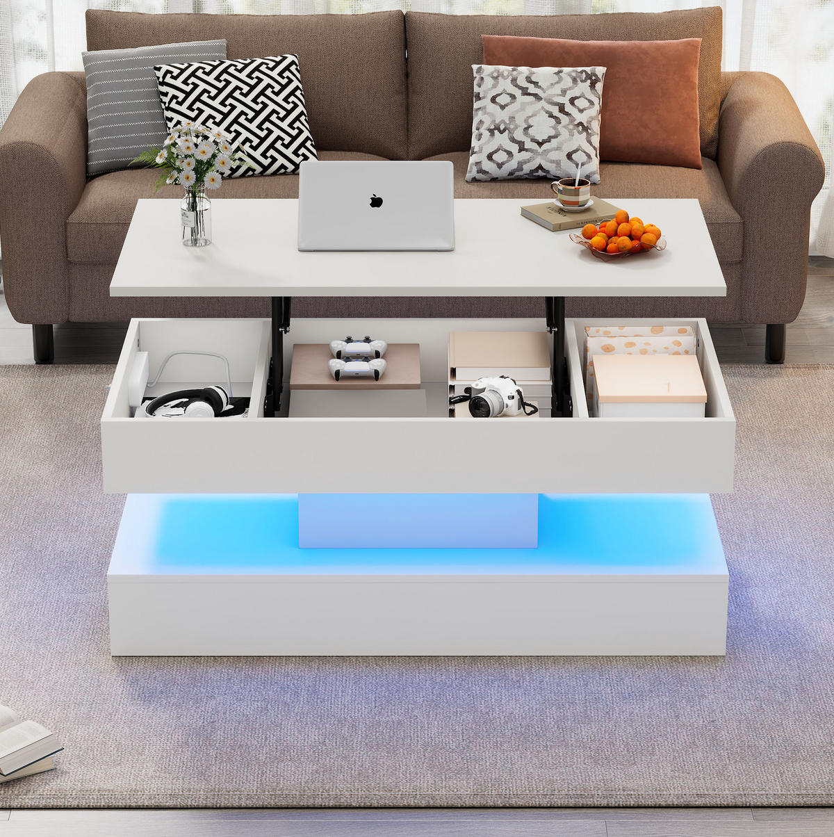 COUCHTISCH aus Spanplatte 100x50x42 cm in Weiß mit LED & Steckdosen - Weiß, Holzwerkstoff (50/100/42cm) - Modfu