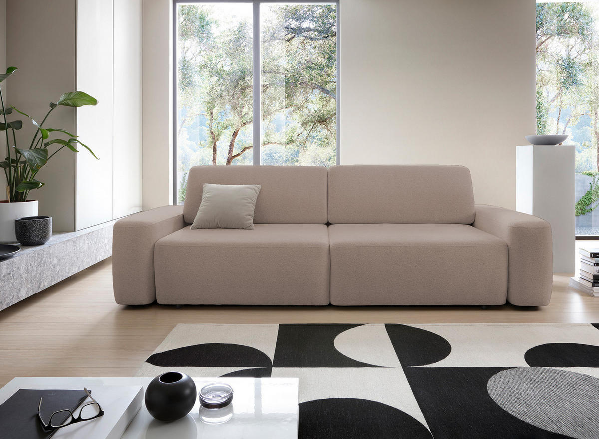 SOFA 4-Sitzer freistehend, Bettzeugcontainer, Polsterung aus PUR-Schaum, Stoff Raven, Schlaffunktion: 120x200 cm, Größe: 257x82x105 cm, Cappucino - Hellbraun, Holz/Textil (257/82/105cm) - DomoHome