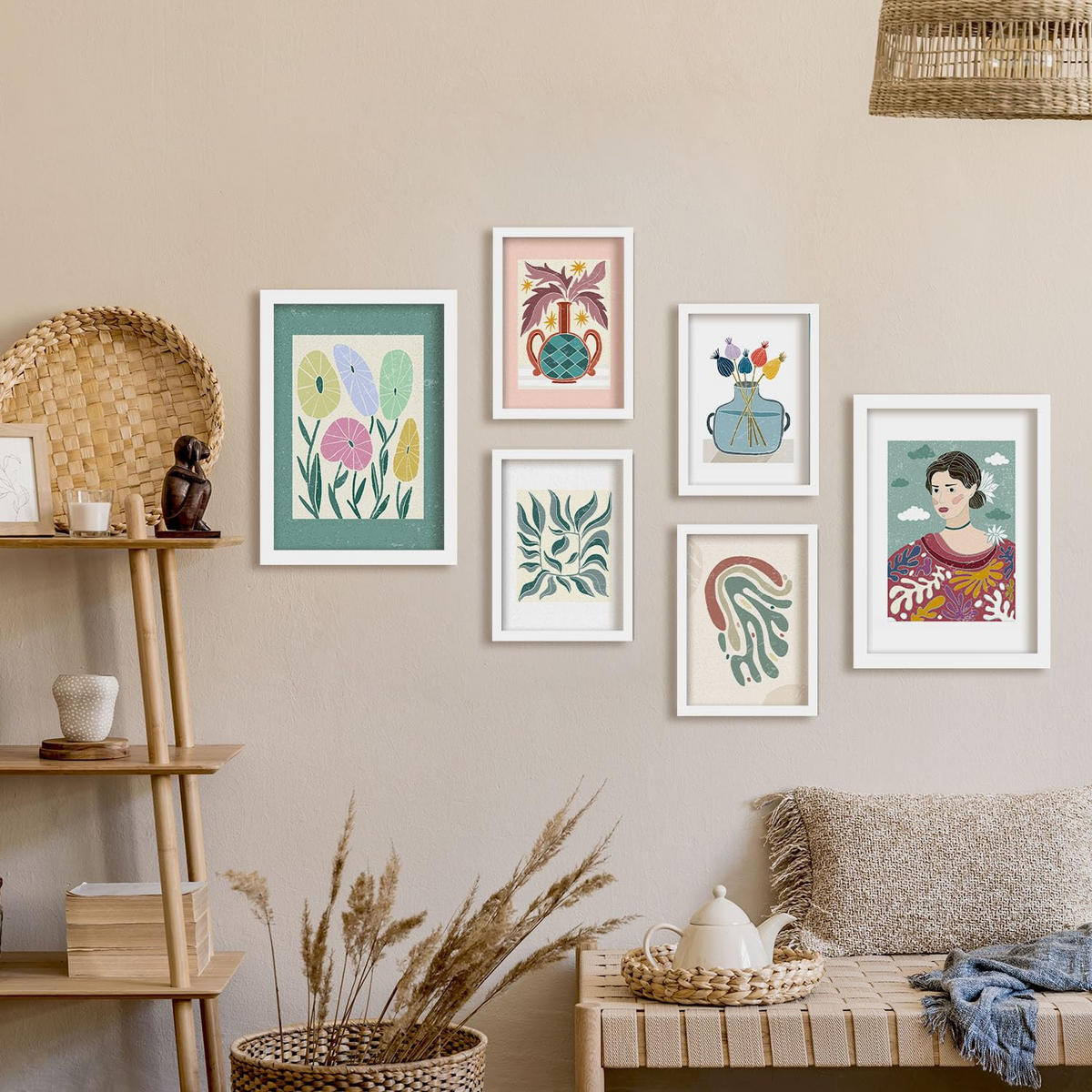 POSTER Set Mit 6 Drucken Blüten In Der Sammlung Von Ethnischenen Ästhetische Dekorative Rahmen Für Ihr Zuhause Wandkunstdruck A3 & A4 Weißer Rahmen - Weiß, Papier (29/3cm) - Nacnic