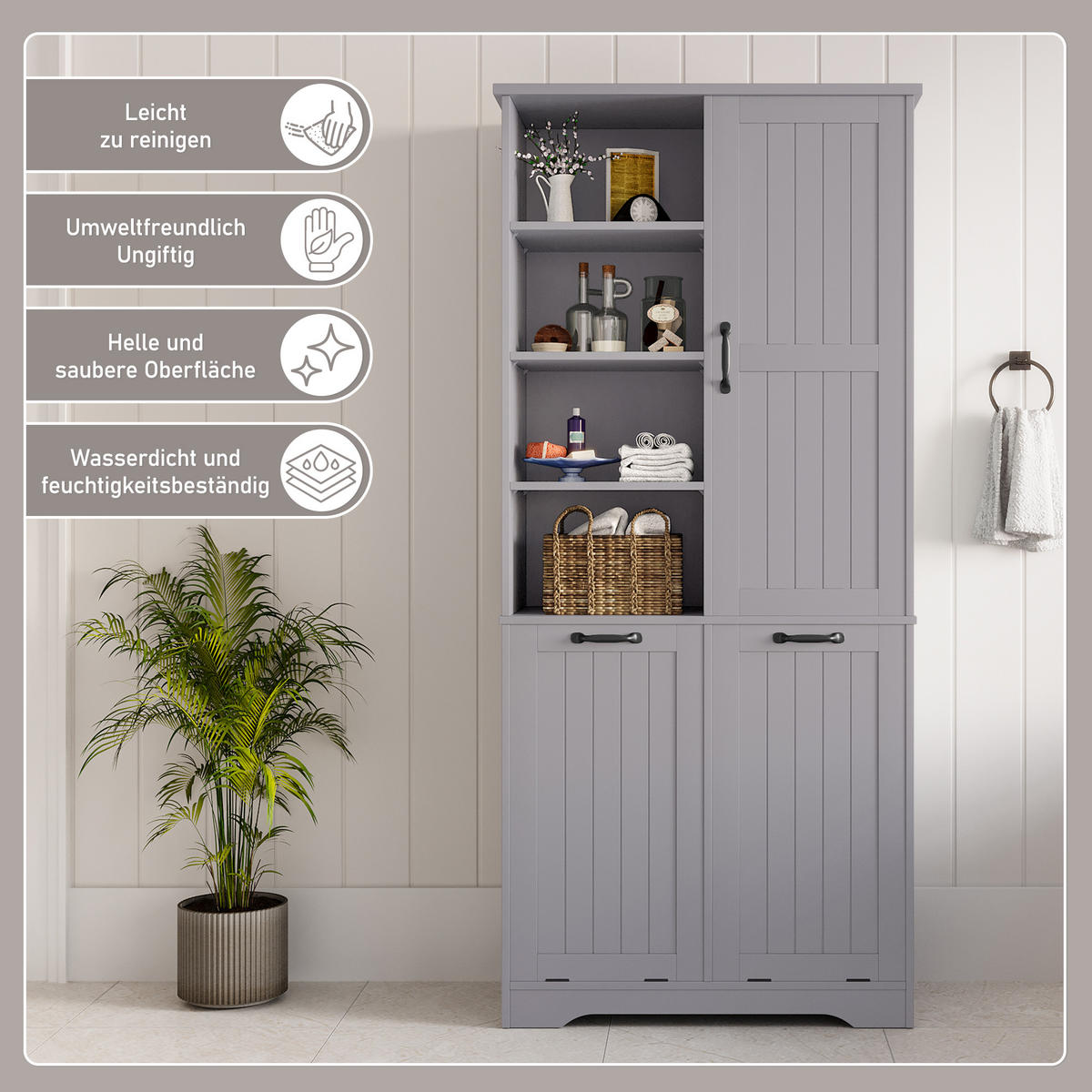 HOCHSCHRANK (Bad) Grau mit Doppel-Wäschekorb - Grau, Holzwerkstoff (78/172.7/35cm) - Urban Meuble