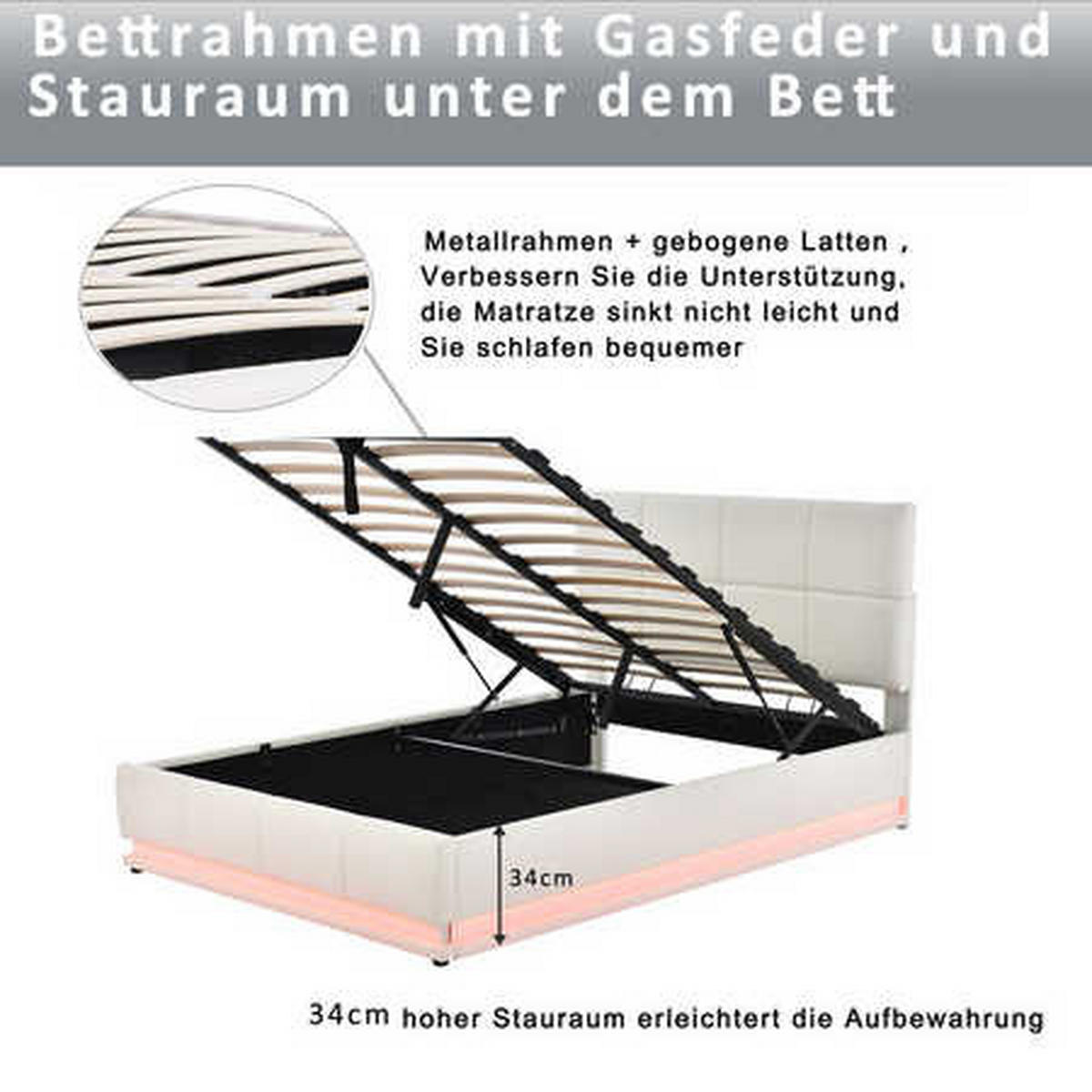 TAPECIRANI KREVET 140x200 Bijeli Umjetna Koža LED Hidraulični - bijela, tekstil (140/200cm) - FLIEKS
