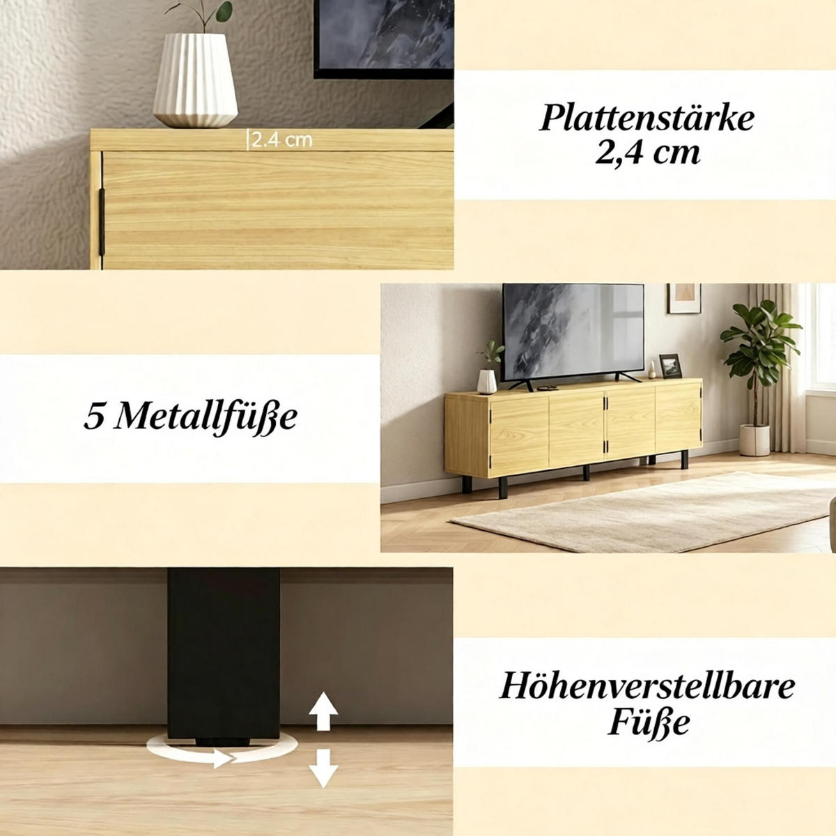 TV-SCHRANK 180/35/55.5 cm Natürlich mit 4 Drucktüren - Schwarz/Naturfarben, Holz/Holzwerkstoff (180/55.5/35cm) - Oxeza