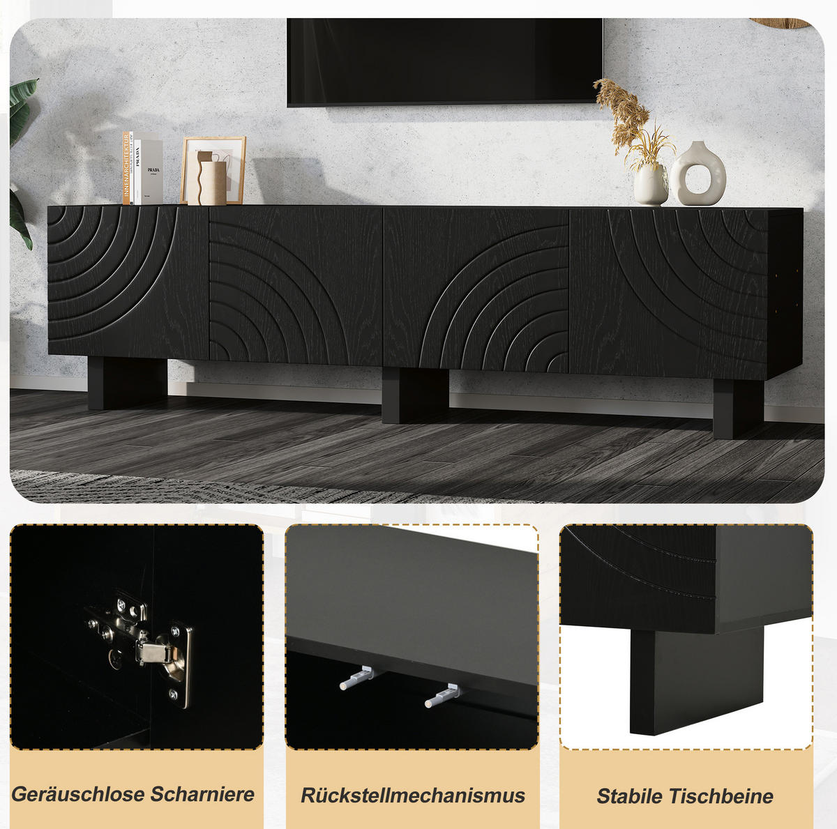 TV-LOWBOARD 180/40/55 cm schwarz aus Spanplatte mit 4 Türen - Schwarz, Holzwerkstoff (180/55/40cm) - OKWISH