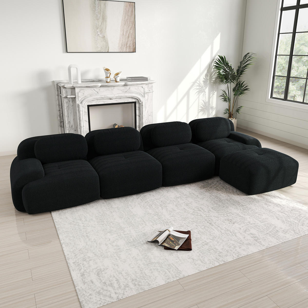 ECKSOFA 388/178/75 cm schwarz aus Cordstoff modular und montagefrei - Schwarz, Textil (178/388cm) - OKWISH