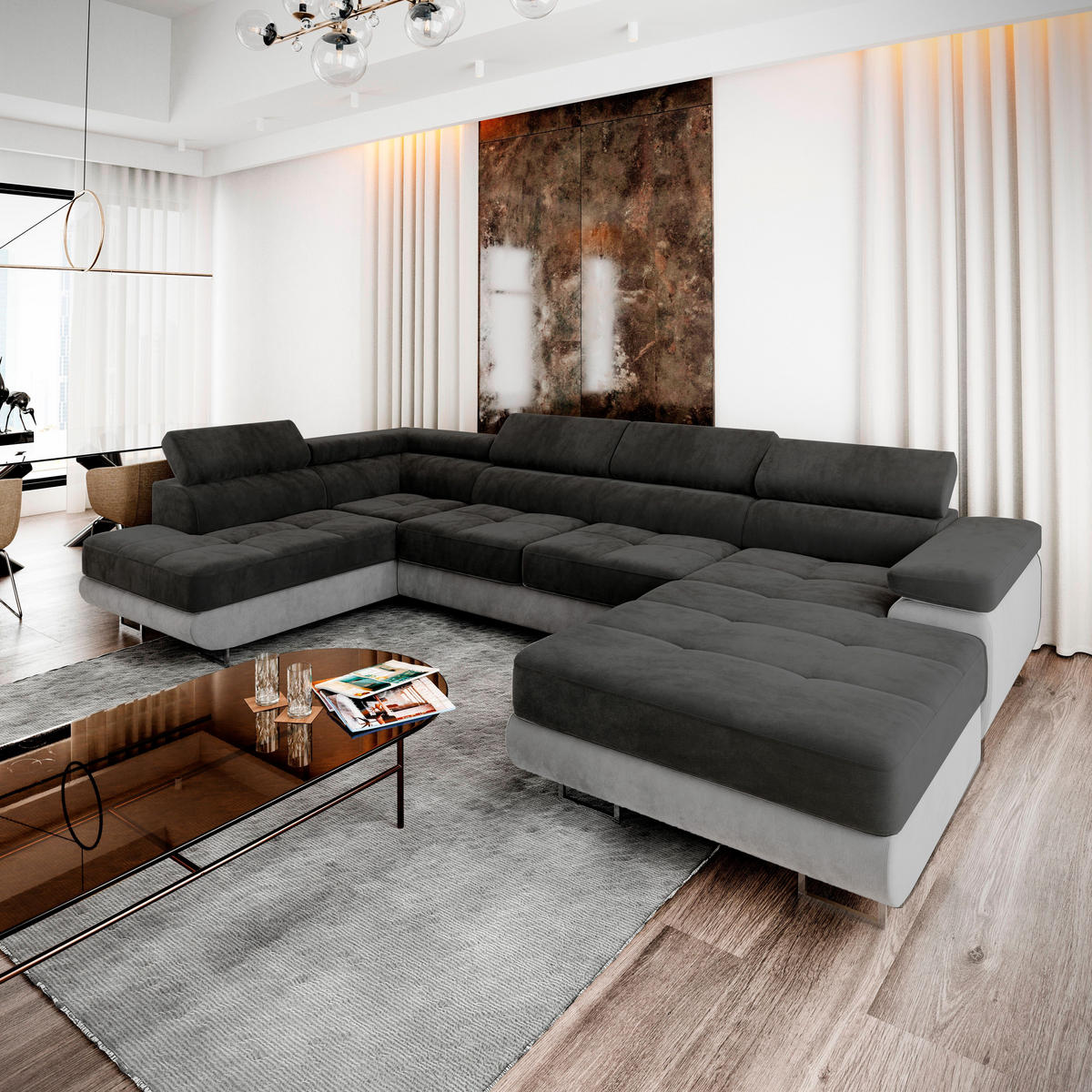 WOHNLANDSCHAFT CASONE L-S Schwarz Velours-Stoff mit Schlaffunktion - Schwarz, Holz (345/90/202cm) - MASSENO