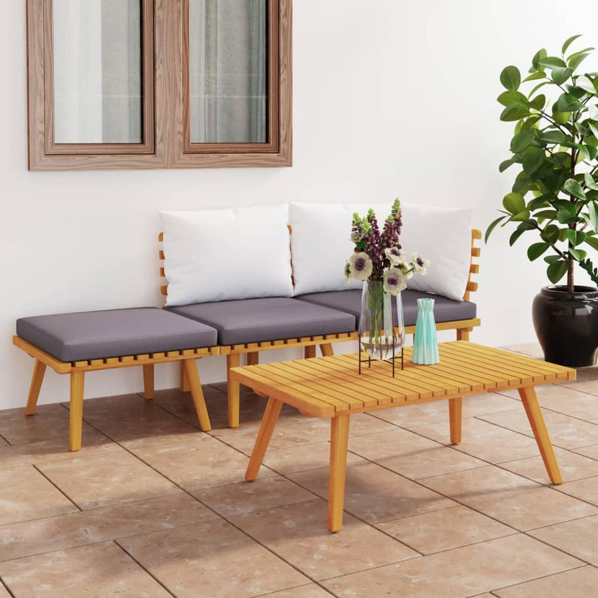 GARTEN-LOUNGE-SET 4-teilig Mit Kissen Massivholz Akazie - Dunkelgrau/Braun, Holz/Textil - vidaXL