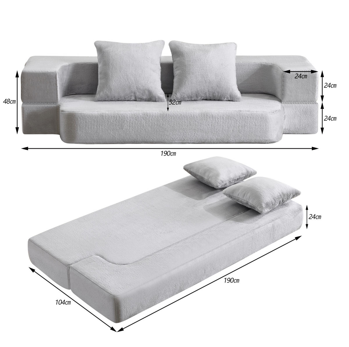 SCHLAFSOFA aus Schaumstoff Hellgrau 2-in-1 als Sitzsofa und Schlafmöglichkeit mit Memory-Schaum und Kissen - Hellgrau, Kunststoff (190/48/52cm) - Modfu