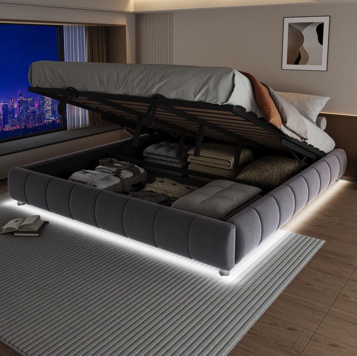 TAPECIRANI krevet 180/200 cm sivi od flanela s LED rasvjetom i spremištem - siva, tekstil (180/200cm) - OKWISH