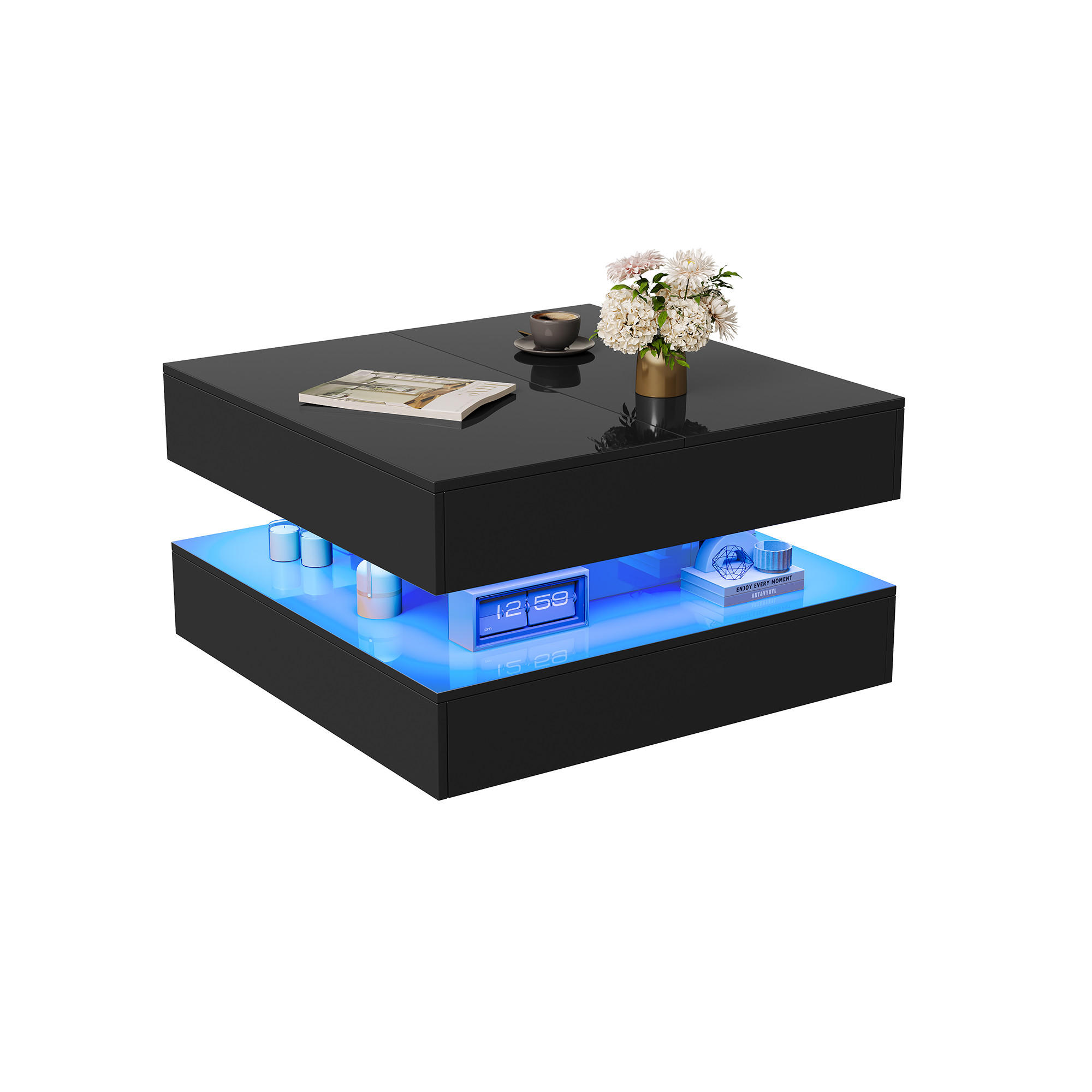 EuroLiving KONFERENČNÍ stolek 78x78 cm s RGB LED a 2 zásuvkami, černý vysoký lesk