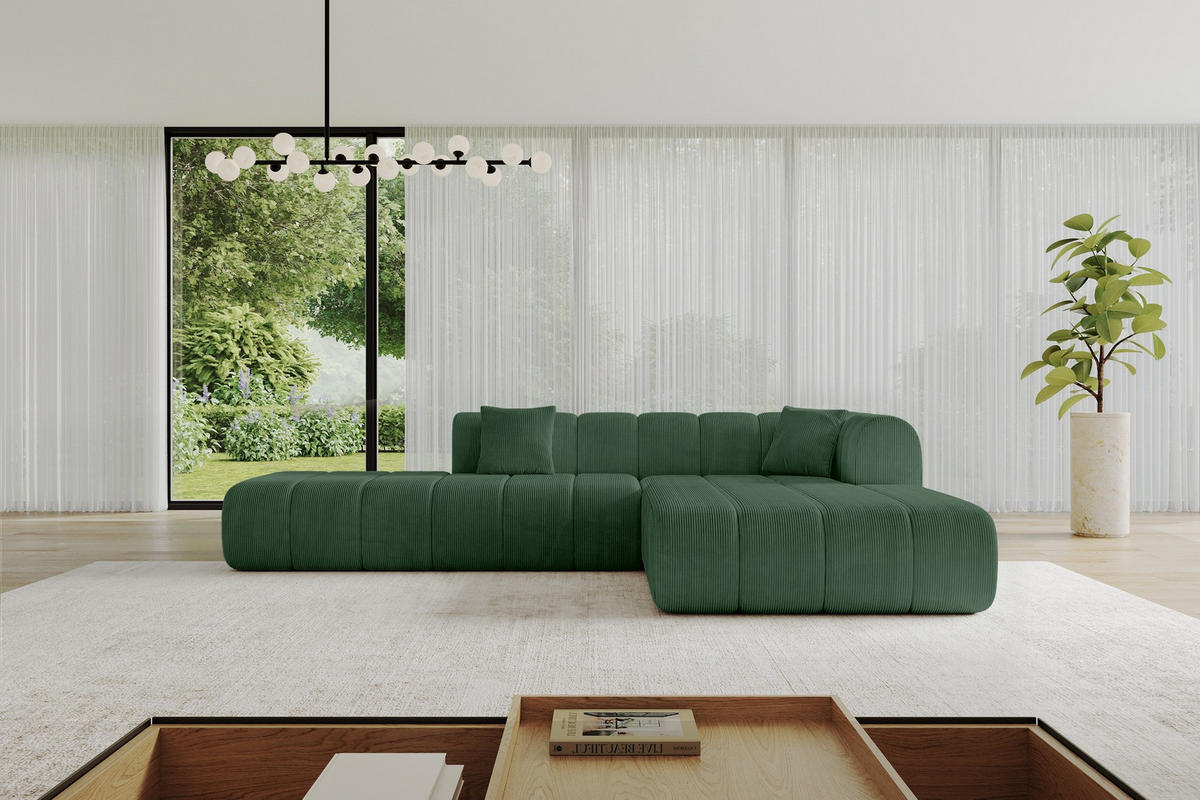 ECKSOFA Ottomane Rechts BILA-L 289x176x71 Grün Cord - Waldgrün/Schwarz, Holzwerkstoff/Kunststoff (289/176cm) - ALTDECOR