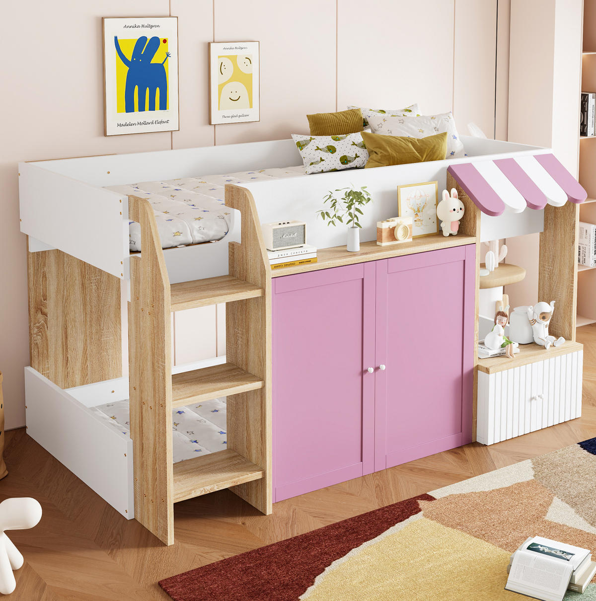HOCHBETT aus Holz 90x200 cm in Rosa mit Leiter & Stauraum - Rosa, Holzwerkstoff (90/200cm) - Modfu