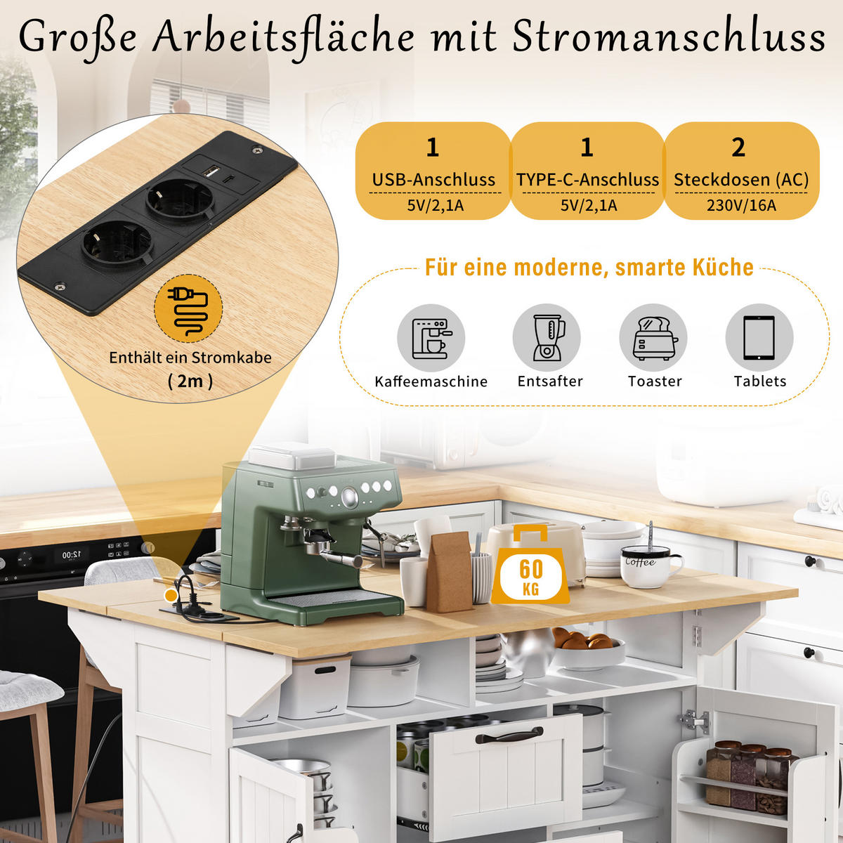 KÜCHENINSEL mit Rollen 120/80/92 cm Weiß mit 2 Schubladen, Steckdosenleisten und Handtuchhalter - Weiß, Holz/Holzwerkstoff (120/92/80cm) - Oxeza