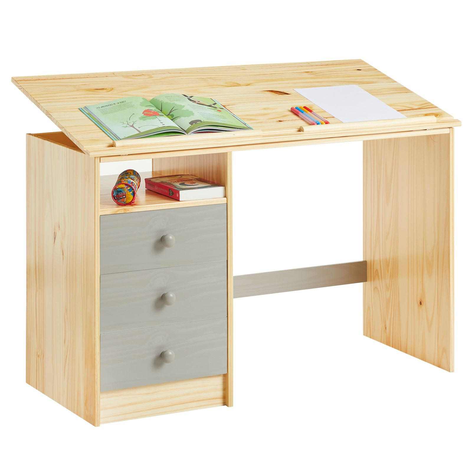 SCHREIBTISCH KEVIN - Naturfarben/Grau, Holz (115/73/60cm) - IDIMEX