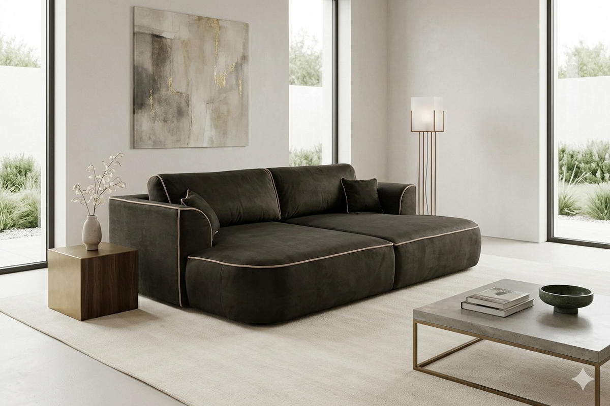 BIGSOFA COZI, Braun mit mit ecruem Keder, Matt Velvet - Braun, Kunststoff/Textil (240/87/180cm) - KS Home Concept