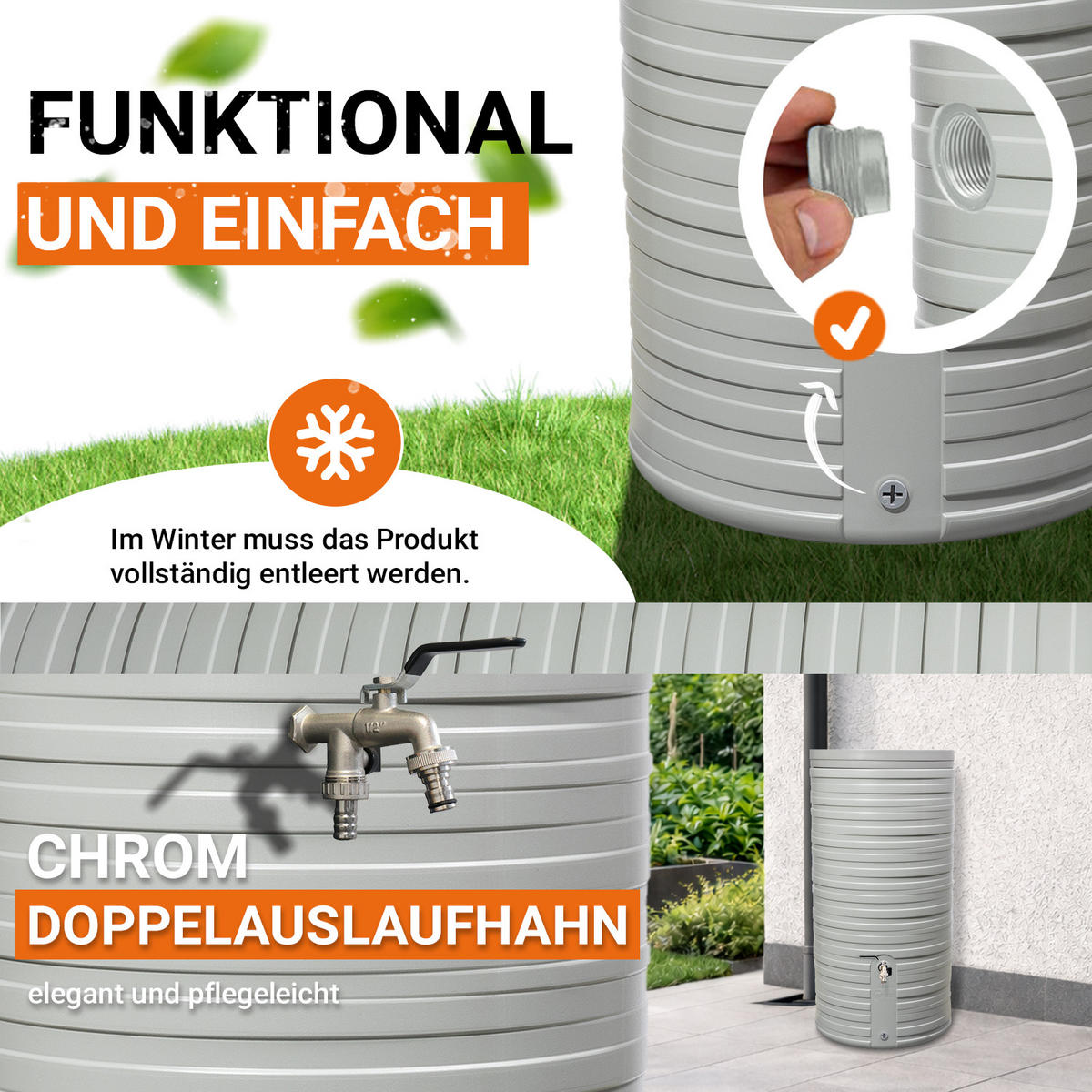 REGENTONNE Komplett-Set 300 L, steingrau inkl. Chrom-Doppelauslaufhahn und Fallrohranschluss - Grau, Kunststoff (59/118/60cm) - GARANTIA