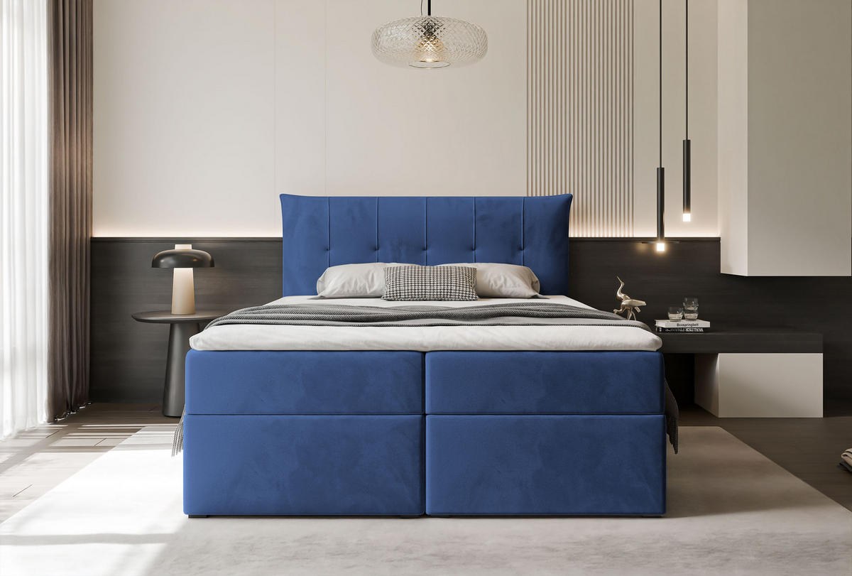 BOXBETT CHESTER 180/200 cm mit Matratze und Topper, Marineblau - Dunkelblau, Holzwerkstoff/Textil (180/200cm) - Idohome