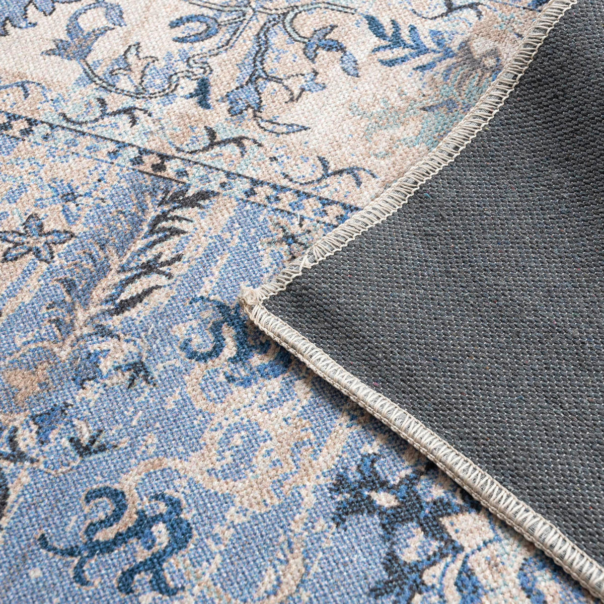 TEPPICH Blau Boho Rahmen, Pflanzlich - Rechteckig Orientalisch - 140 x 200 cm - Blau/Beige, Textil (140/200cm) - Mazovia