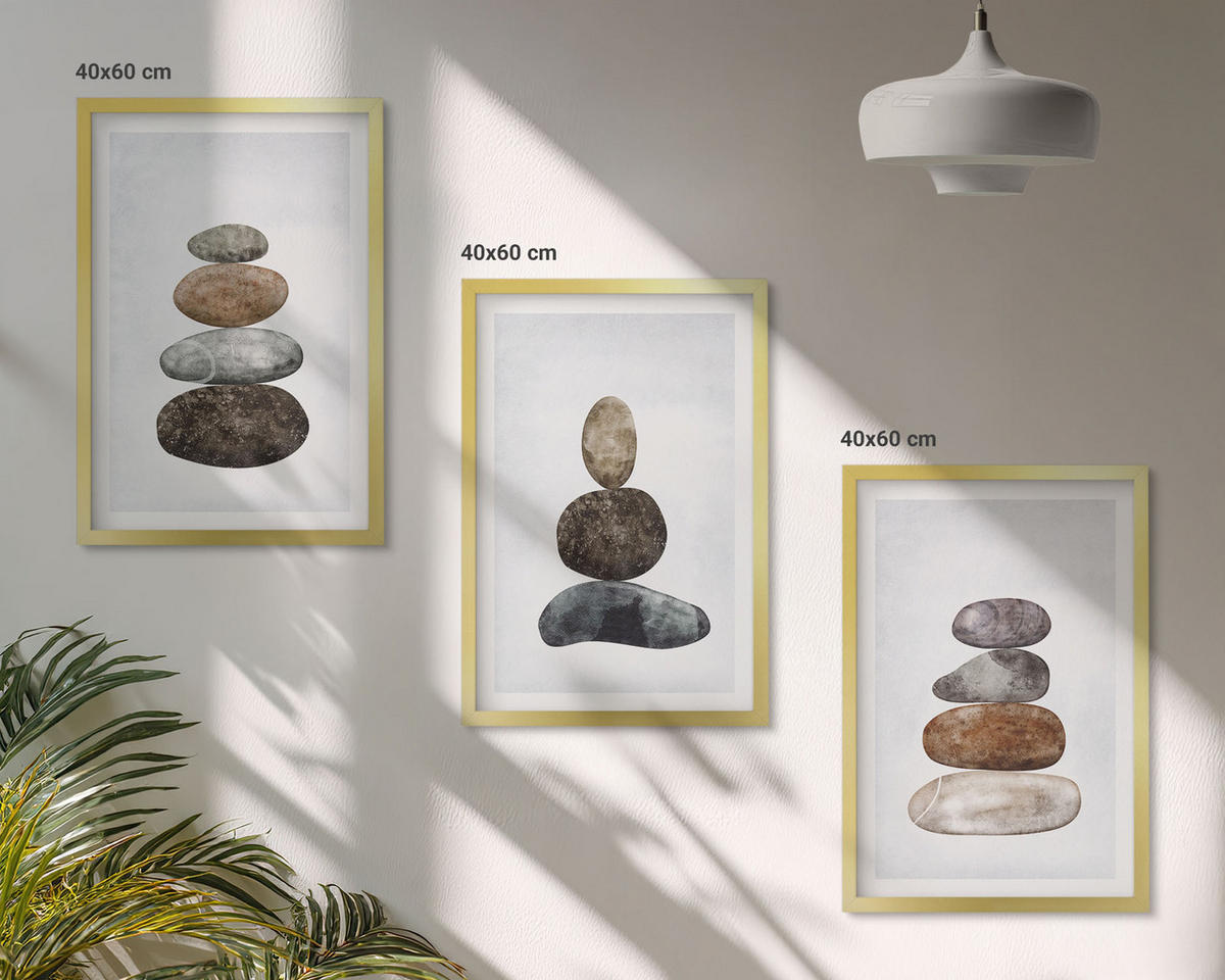 BILDER SET 3er Set - 40x60 cm Goldrahmen - Minimalistische Boho-Steine - Goldfarben, Kunststoff (40/60cm) - TULUP