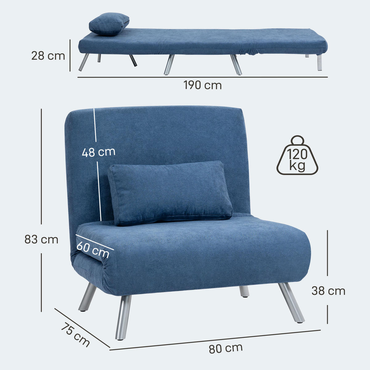 SCHLAFSESSEL 3-in-1 klappbar Schlafsofa mit Bettfunktion Relaxsessel Blau - Blau, Kunststoff (75/83/80cm) - HOMCOM