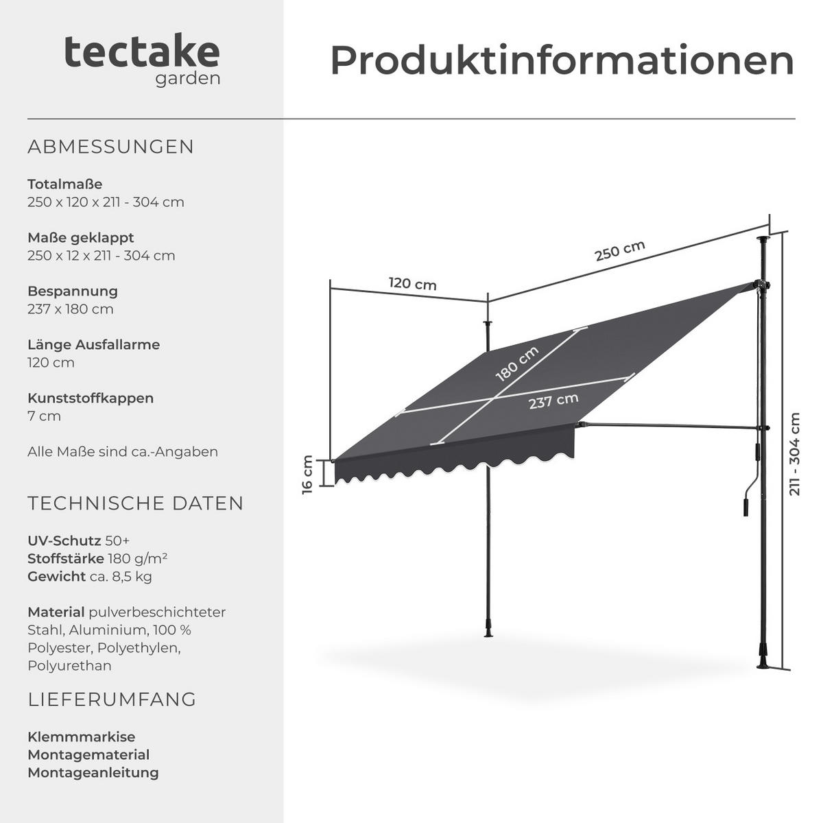 KLEMMMARKISE ,einfache Montage,schwarz/grau - Schwarz/Grau, Kunststoff (250/304/180cm) - tectake