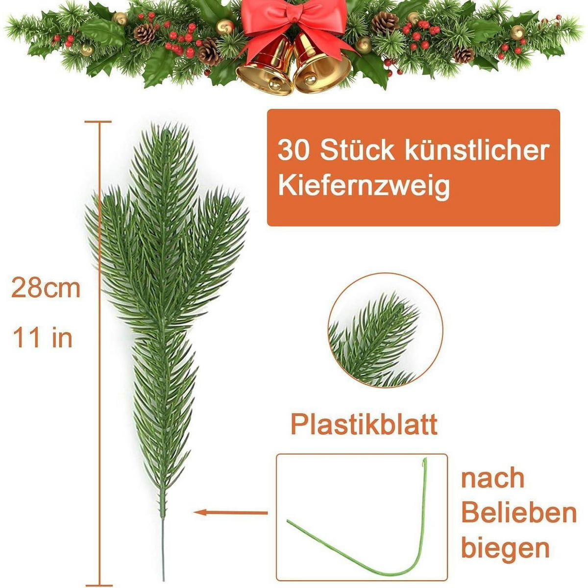 KÜNSTLICHE Tannenzweige 30 Stück 28 cm - Grün, Kunststoff (28cm)