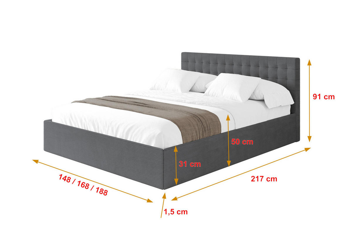 POLSTERBETT mit Bettkasten und Lattenrost, Boxbett ohne Matratze - PARI 180x200 Dunkelgrau - Anthrazit, Holzwerkstoff/Textil (180/200cm) - ALTDECOR