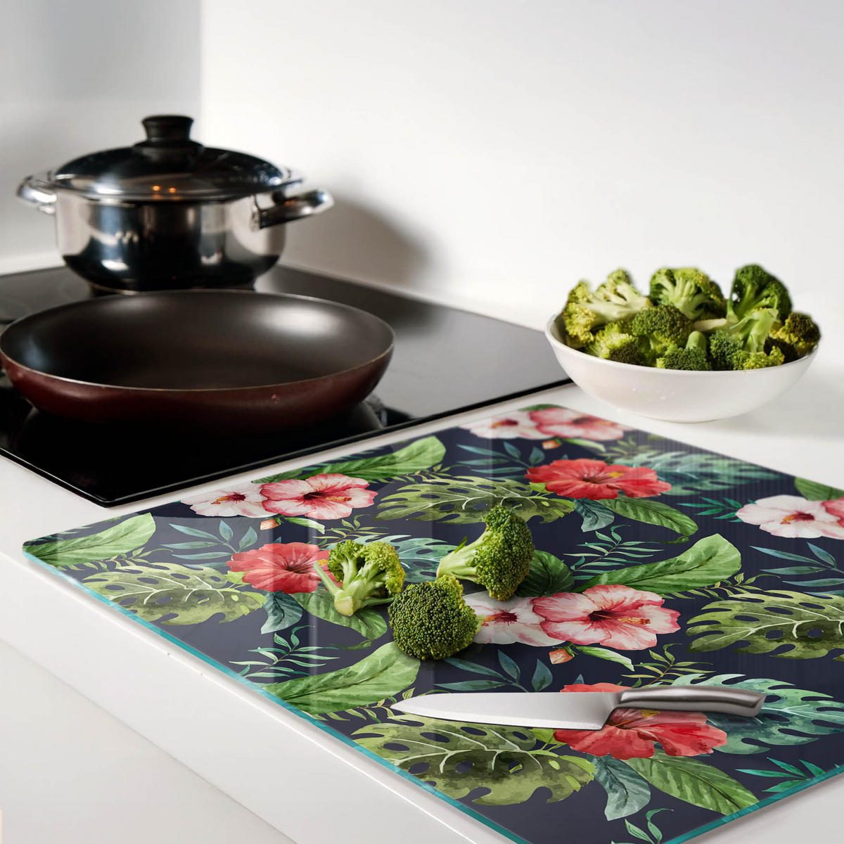 GLASPLATTE 60x52 cm Tropische Blumen - Multicolor, Glas (60/0.4/52cm) - TULUP