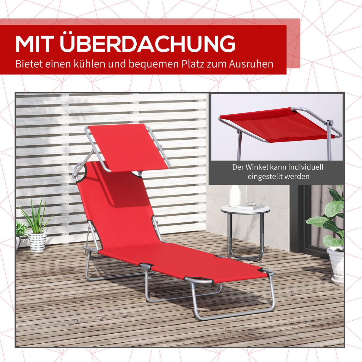 SONNENLIEGE aus Metall 187x58x36 cm in Rot mit verstellbarem Sonnendach - Rot, Metall (58/36/187cm) - Modfu