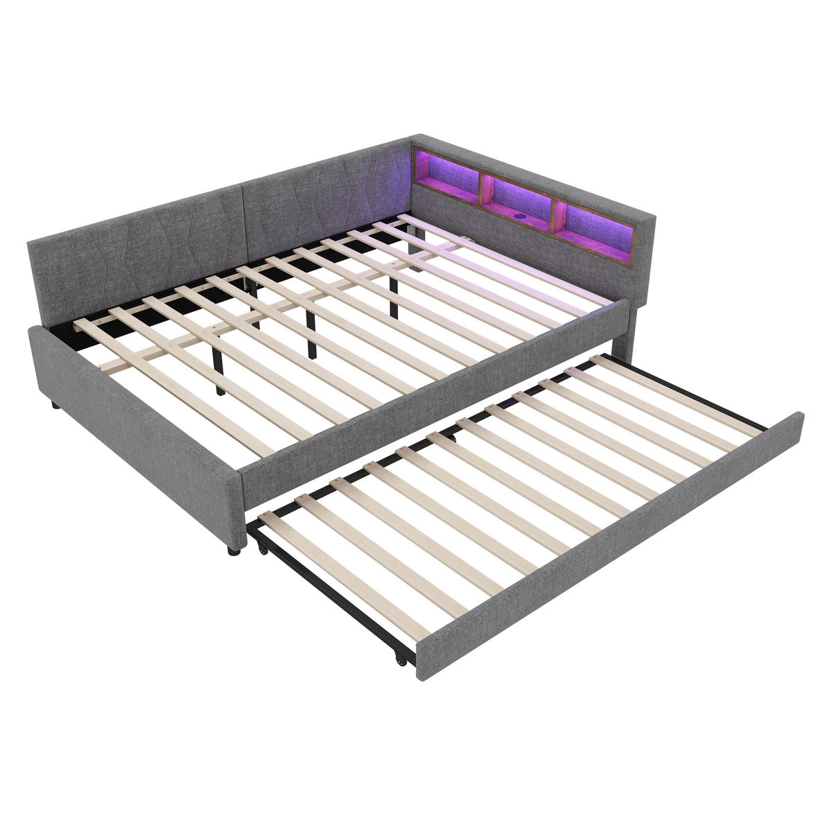 TAGEBETT 140x200cm Grau Leinen USB-C LED-Licht Ausziehbett - Grau, Holz (140/200cm) - FLIEKS