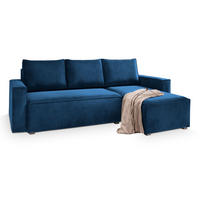 ECKSOFA SILES Blau Velours-Stoff mit Schlaffunktion - Blau, Holz (230/140cm) - MASSENO