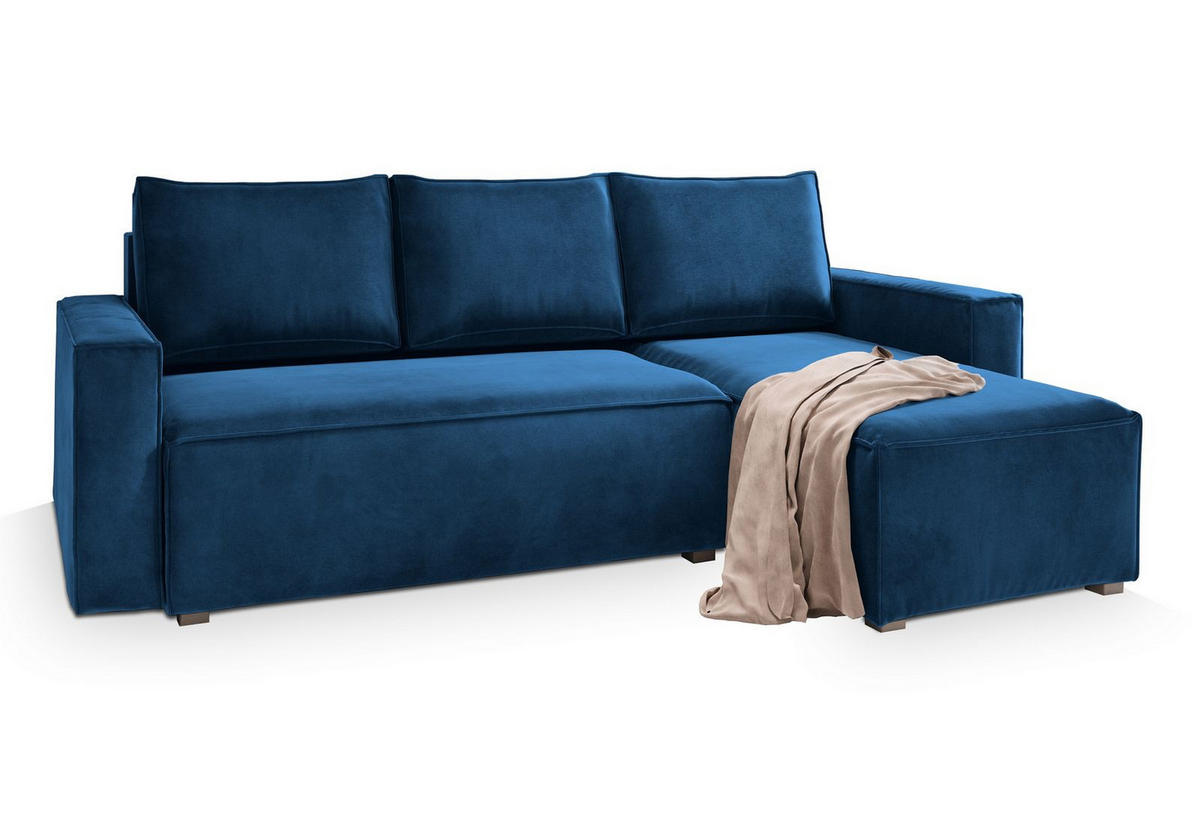 ECKSOFA SILES Blau Velours-Stoff mit Schlaffunktion - Blau, Holz (230/140cm) - MASSENO