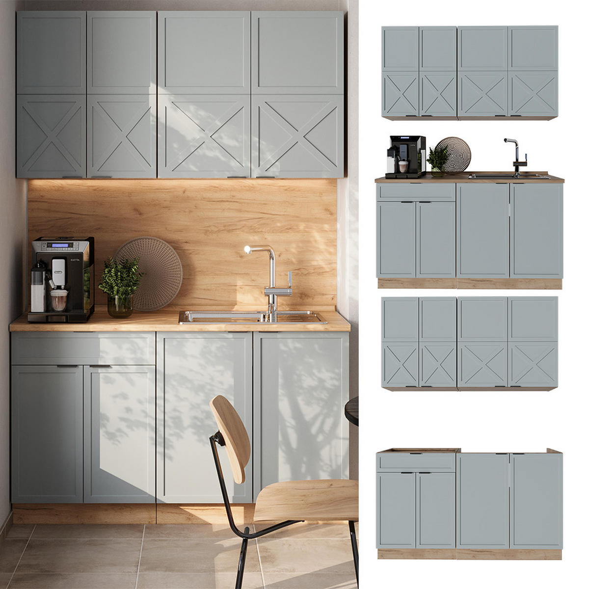 SINGLEKÜCHE Fame-Line Hellblau-grau/Goldkraft Eiche 140 cm ohne AP - Honigeiche/Blaugrau, Holzwerkstoff (140/81.6/46cm) - Vicco