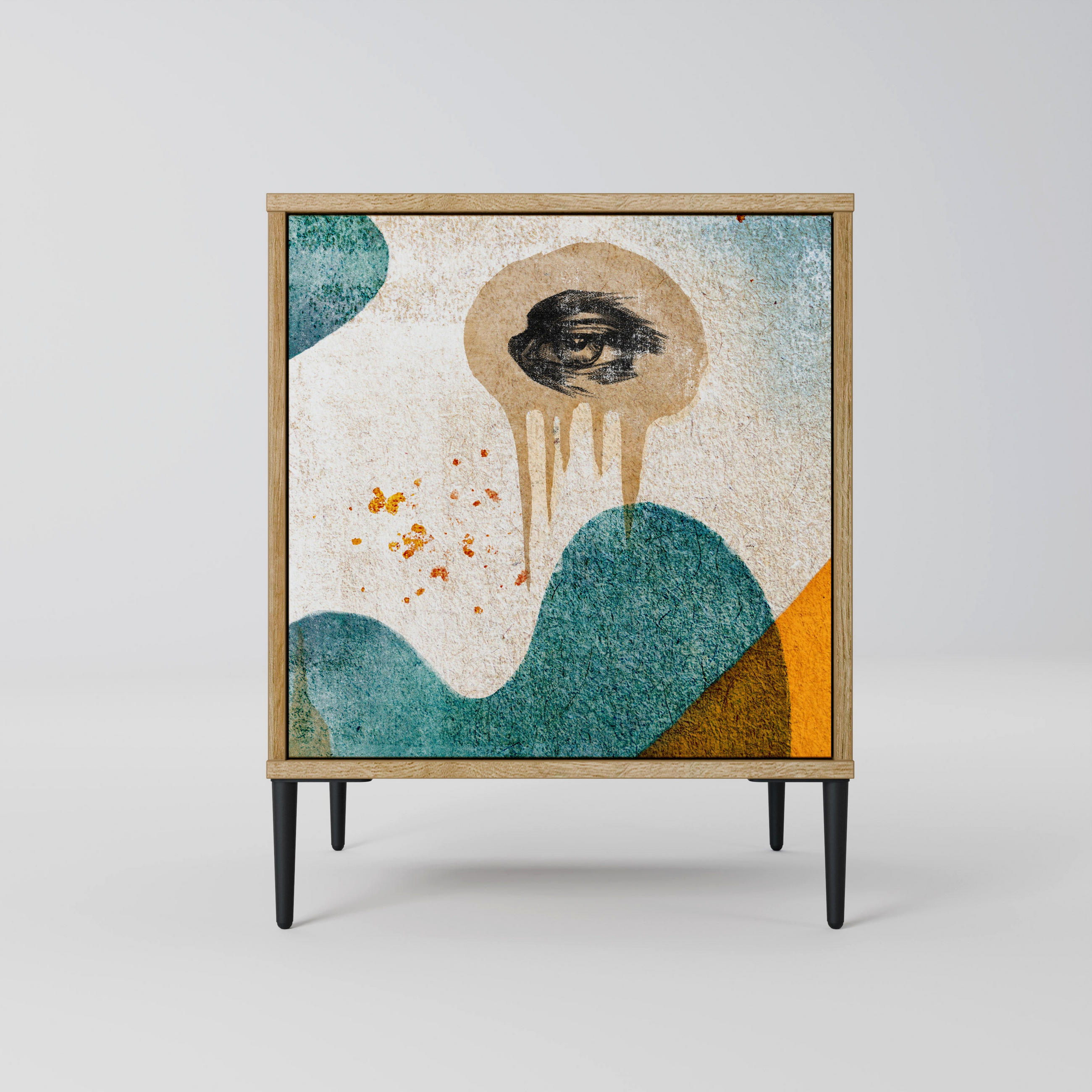 SIDEBOARD ABSTRACT FACES, Eichefarben, 57,5x42x72,5 cm, Schwarze Metallfüße - Eichefarben/Multicolor, Holzwerkstoff/Metall (57.5/72.5/42cm) - SpaceRebels