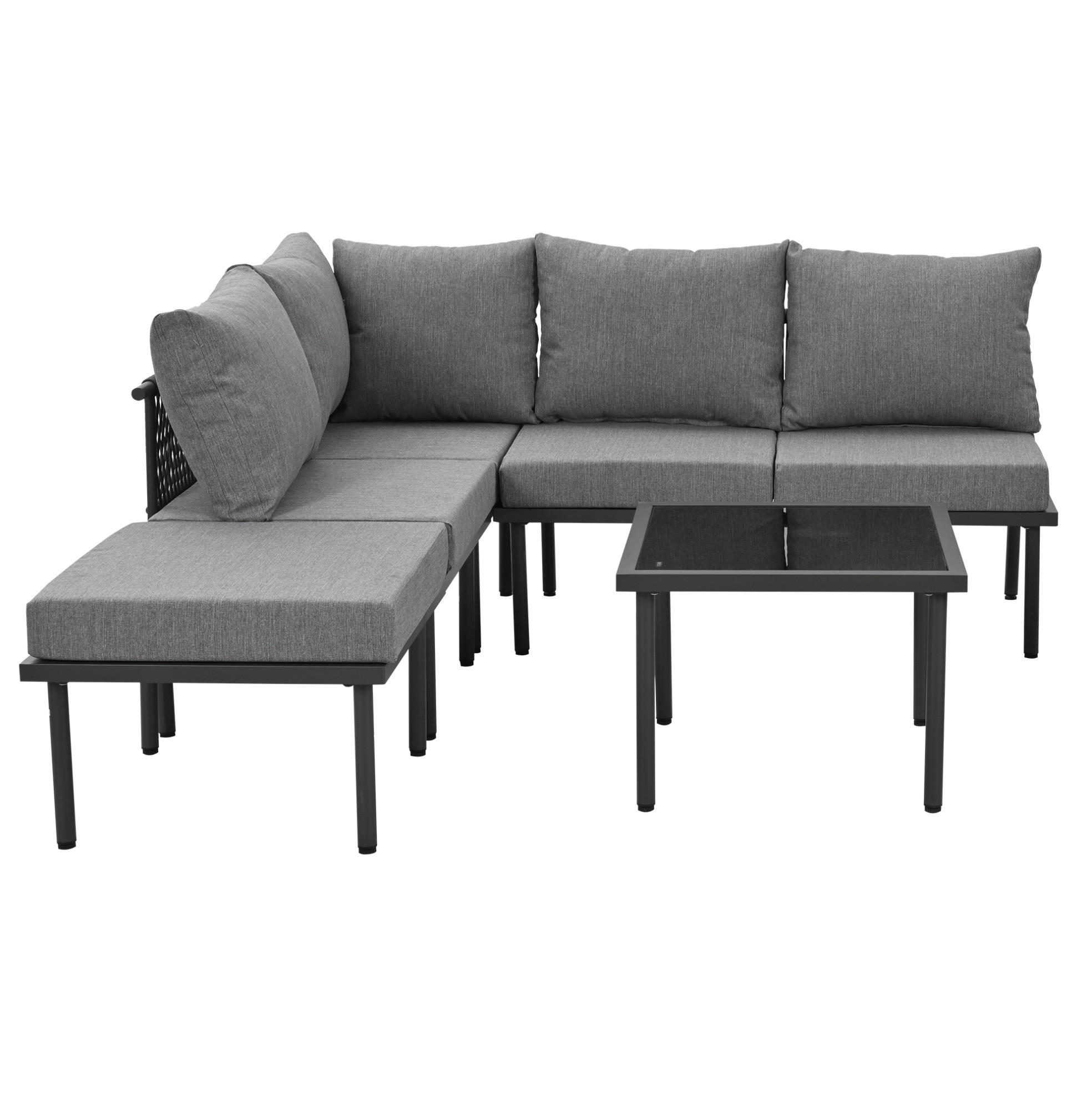 GARTEN-LOUNGE-SET 6-teilig mit verstellbaren Füßen, abnehmbaren Bezügen und Glastischplatte, Grau - Grau, Metall - Redom