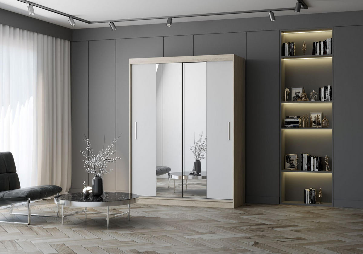 SCHWEBETÜRENSCHRANK Vista 01 Sonoma Eiche/Weiß mit Spiegel, ohne LED Beleuchtung 150cm - Alufarben/Weiß, Glas/Holzwerkstoff (150/200/61cm) - imoebel24