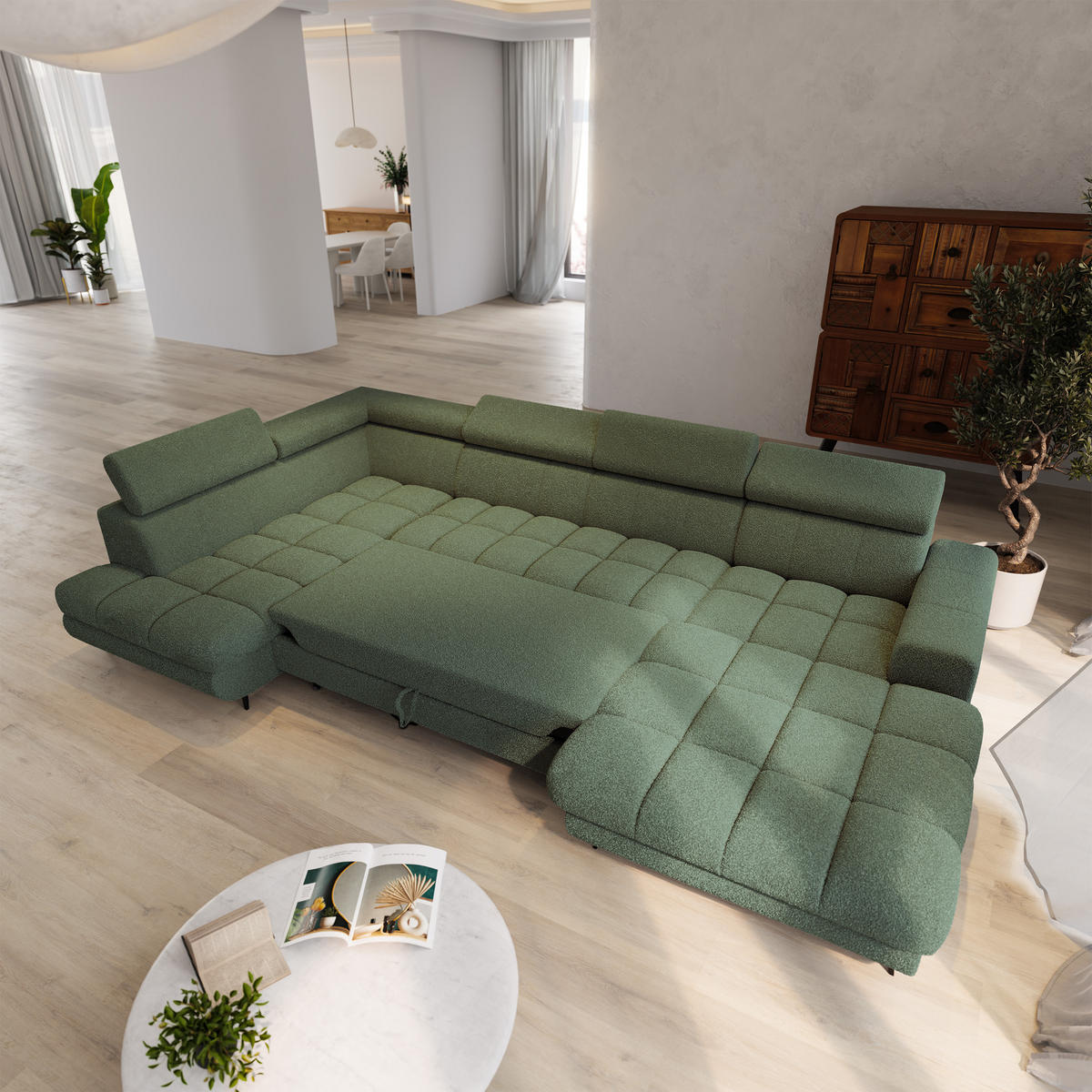WOHNLANDSCHAFT CORENO Grün Boucle-Stoff mit Schlaffunktion - Grün, Holz (345/88/190cm) - MASSENO