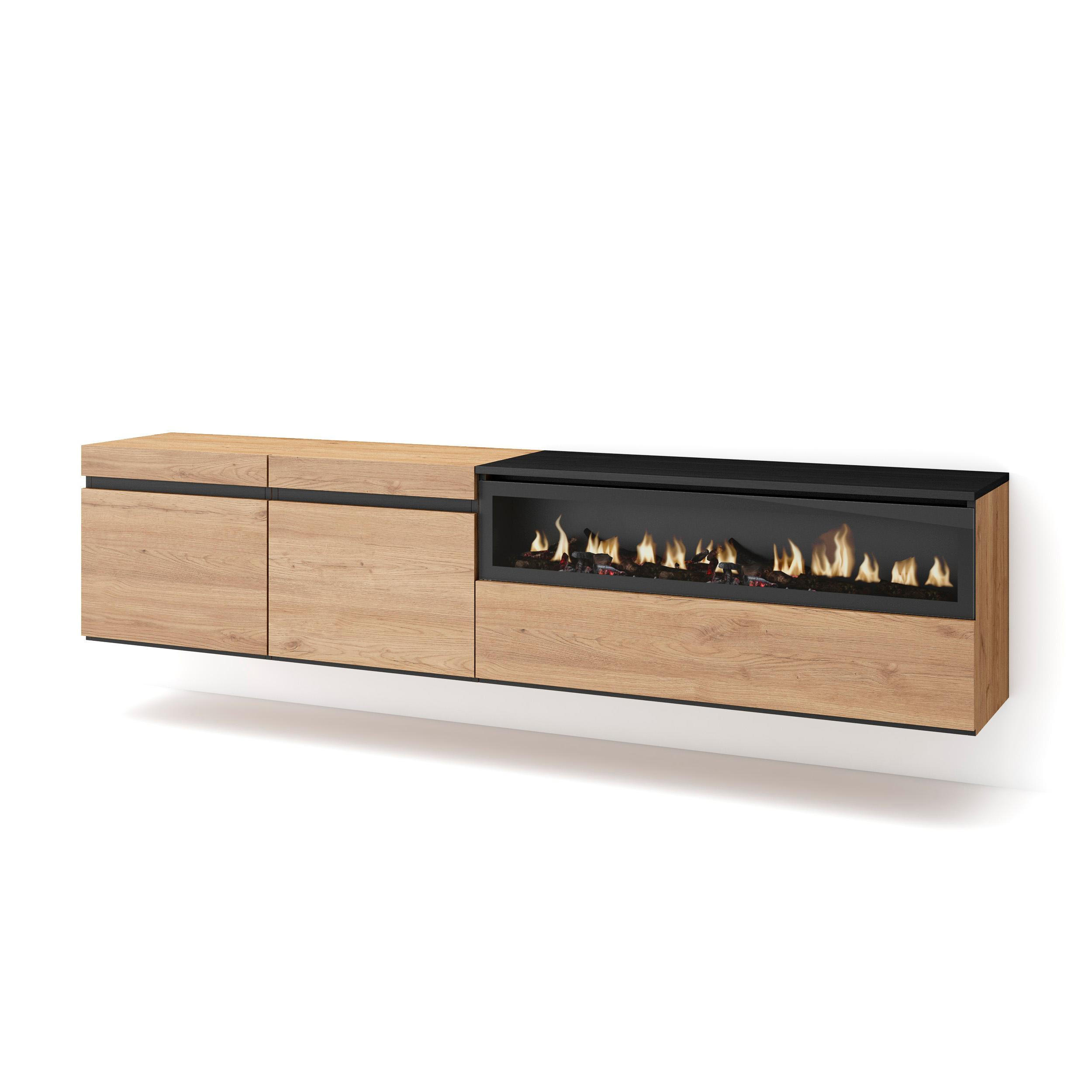 LOWBOARD Elektrokamin, Hängend, eiche, schwarz, 200/35/45cm - Naturfarben, Holzwerkstoff (200/45/35cm) - Skraut Home