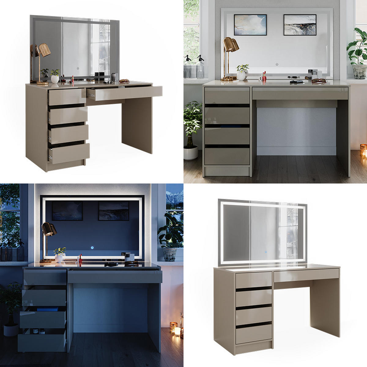 SCHMINKTISCH Sherry Greige Hochglanz 120 cm mit LED-Spiegel - Greige, Holzwerkstoff (120/75/55cm) - Vicco