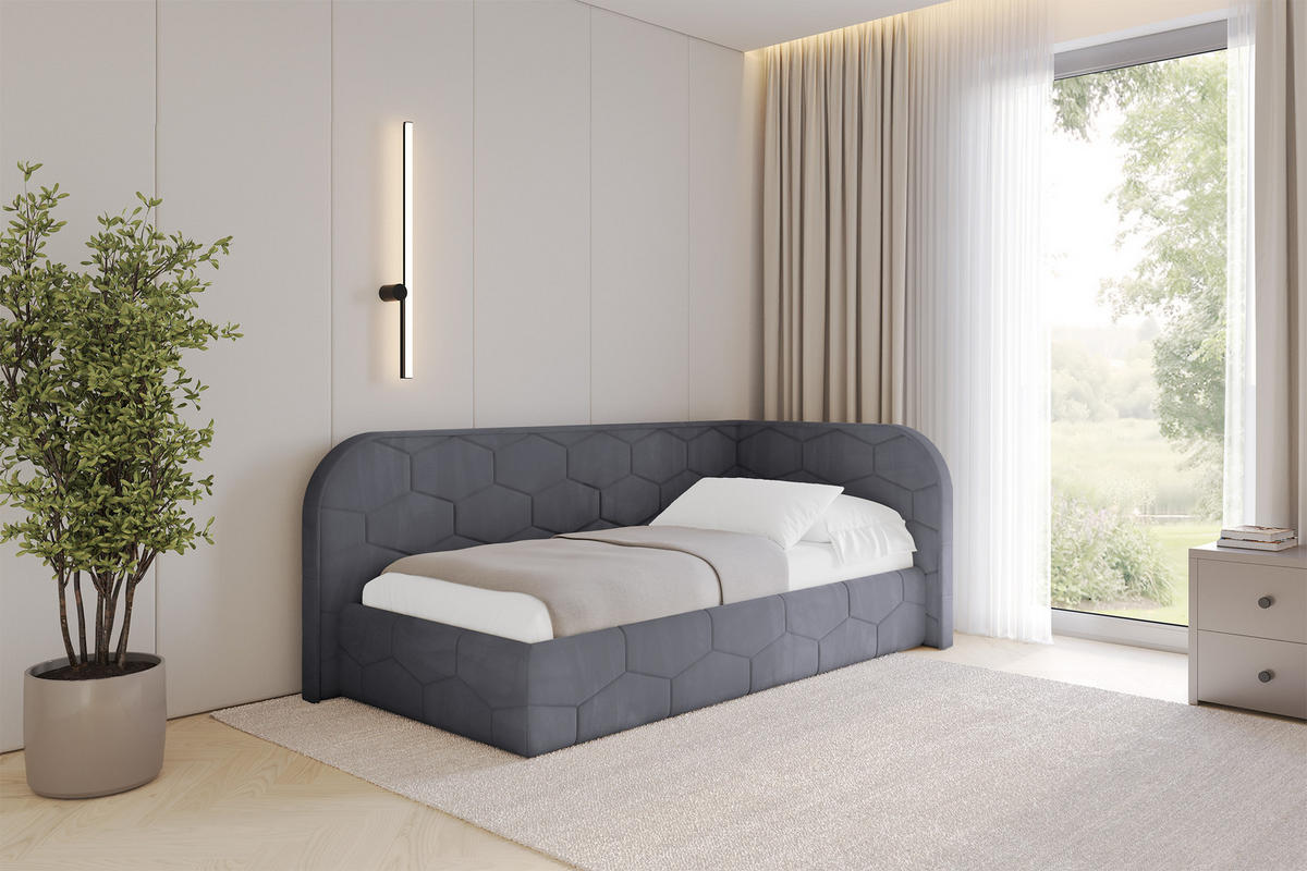 EINZELLBETT Jugendbett mit Bettkasten und Matratze H3/H4, Links - JAXY 90x200 Dunkelgrau - Dunkelgrau, Holzwerkstoff/Textil (90/200cm) - ALTDECOR
