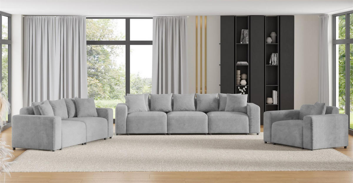 SOFASET Megan 3-2-1 In Poso - Hellgrau, Holzwerkstoff/Textil (327/75/98cm) - Fun Möbel