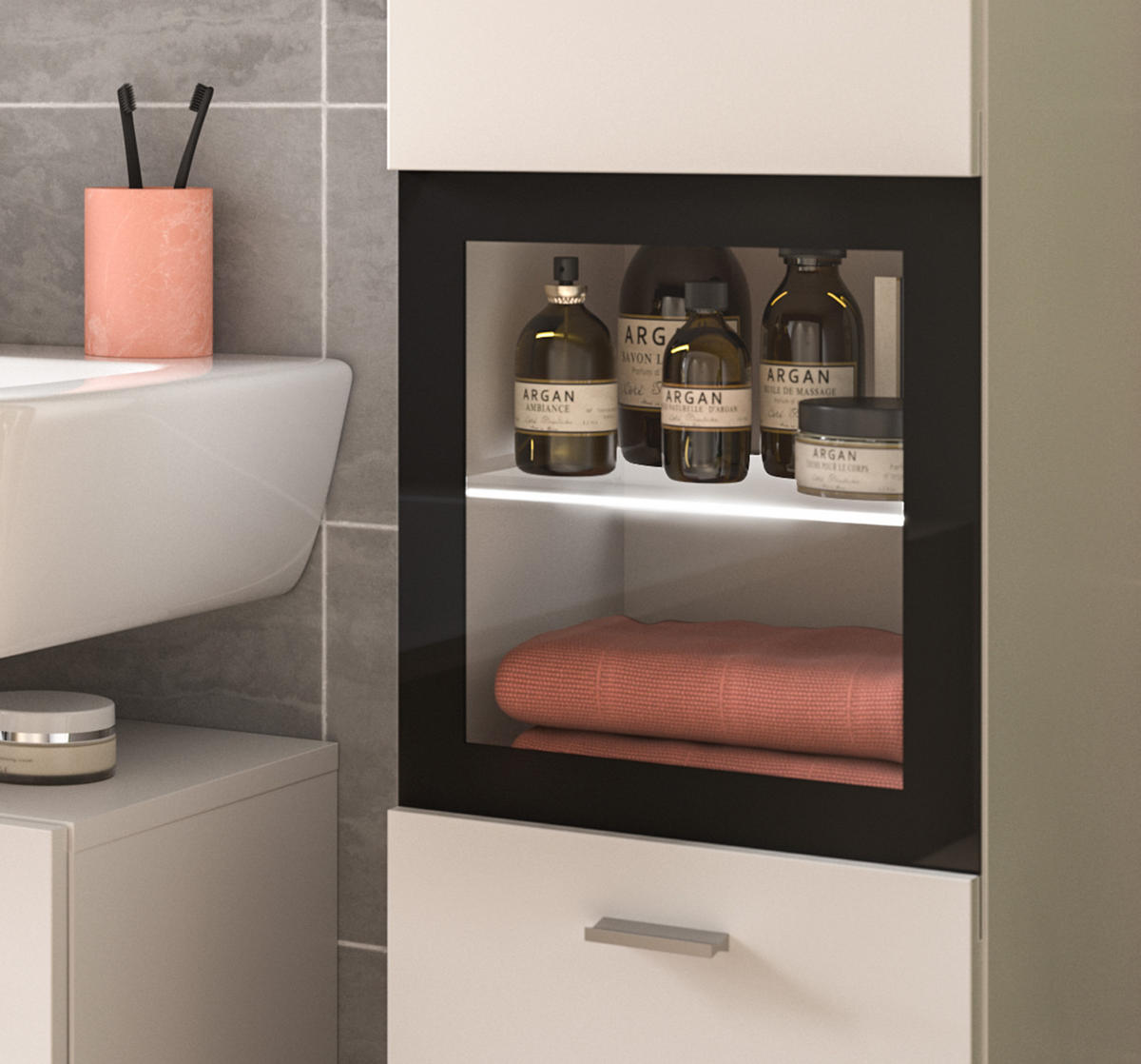 MIDISCHRANK weiß 30 cm, Badschrank hängend oder stehend - Silberfarben/Schwarz, Glas/Holzwerkstoff (30/125/29cm) - Inn.Furn