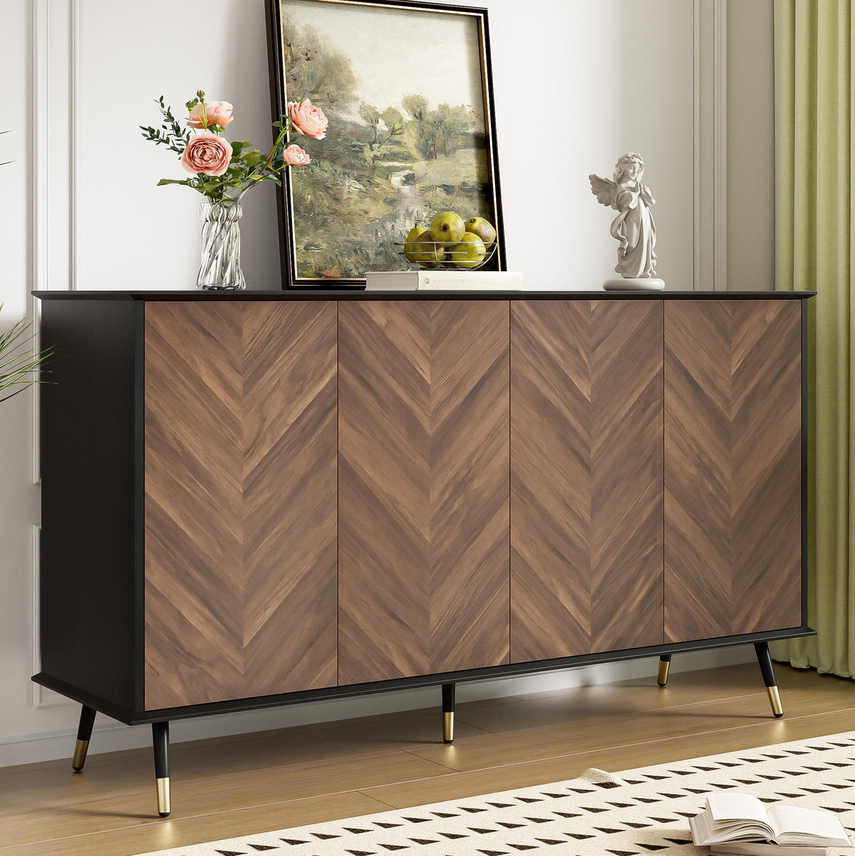 SIDEBOARD z MDF, 140/40/80 cm, černé/hnědé, se 4 dvířky a nastavitelnými policemi - černá, kompozitní dřevo (140/80/40cm) - BEAOK