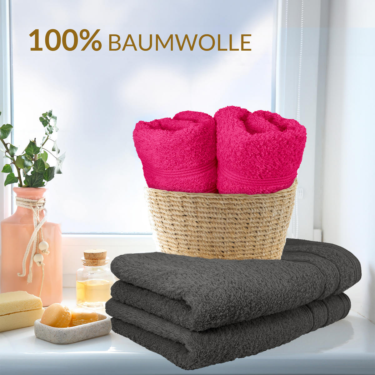 HANDTUCH Set London 8-teilig, 2x Duschtuch 70x140 + 2x Handtuch 50x100 + 2x Gästetuch 30x50 + 2x Waschlappen 30x30 Rot - Anthrazit - Anthrazit/Rot, Textil (70/140cm) - Lashuma