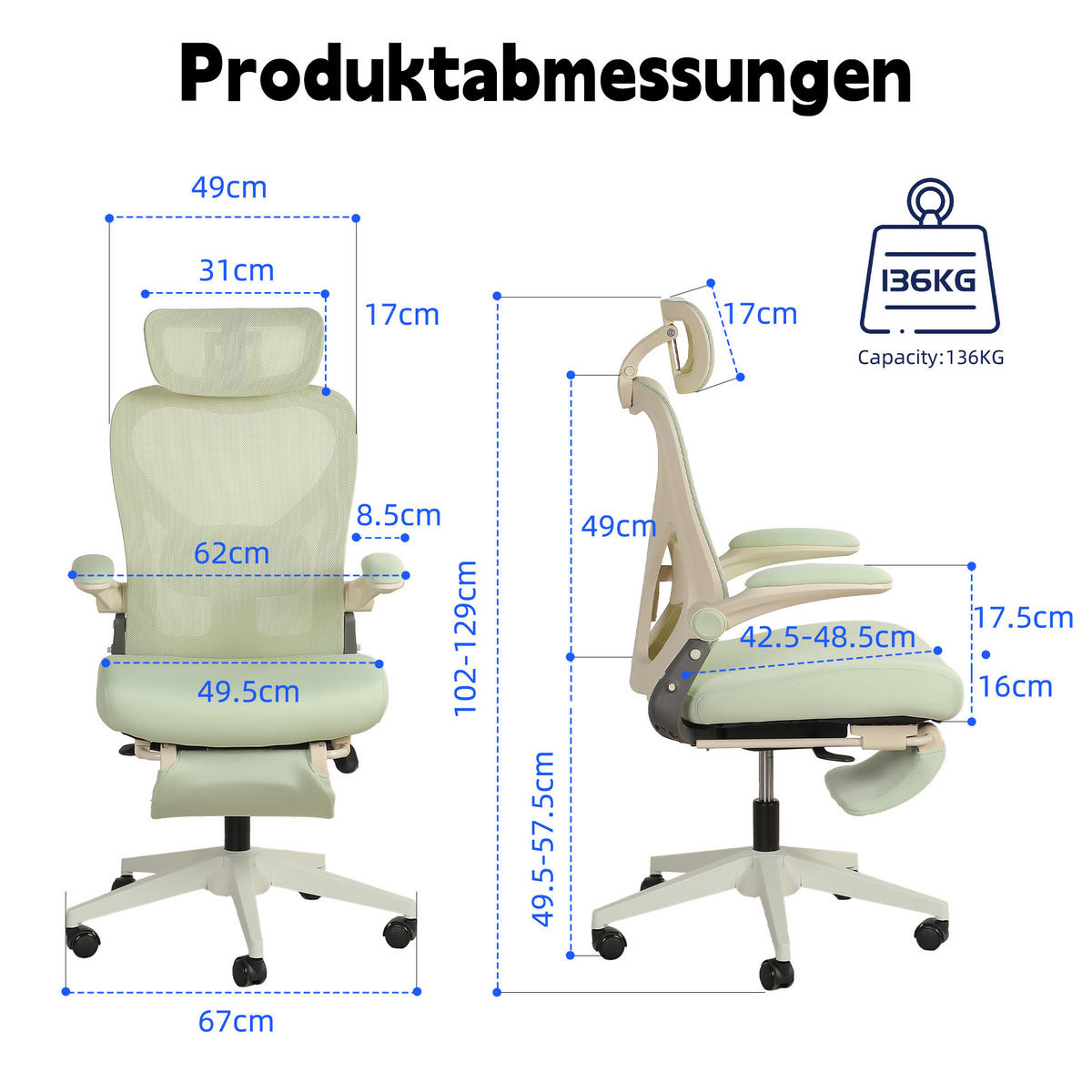 DREHSTUHL DE-40943 mit klappbarer Rückenlehne und 3D-Kopfstütze Grün - Grün, Metall (62/129/48.5cm) - ComfortXL