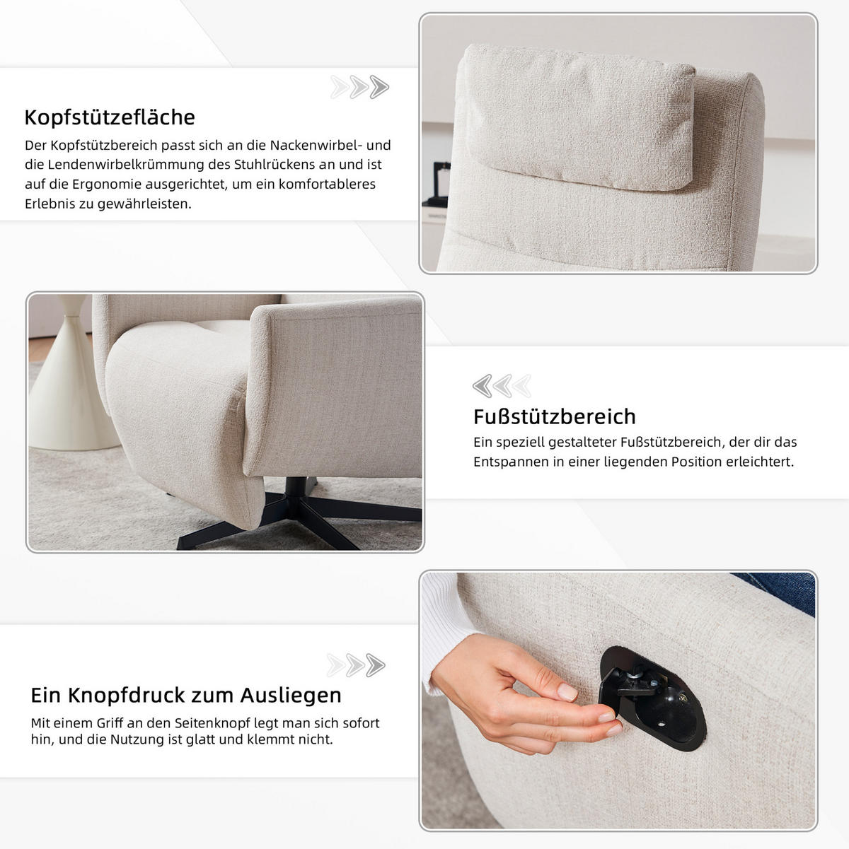 RELAXSESSEL Chenille mit Liegefunktion und 360° Drehfunktion 67/80.5/110 cm Beige - Beige, Textil (80.5/110/67cm) - Redom