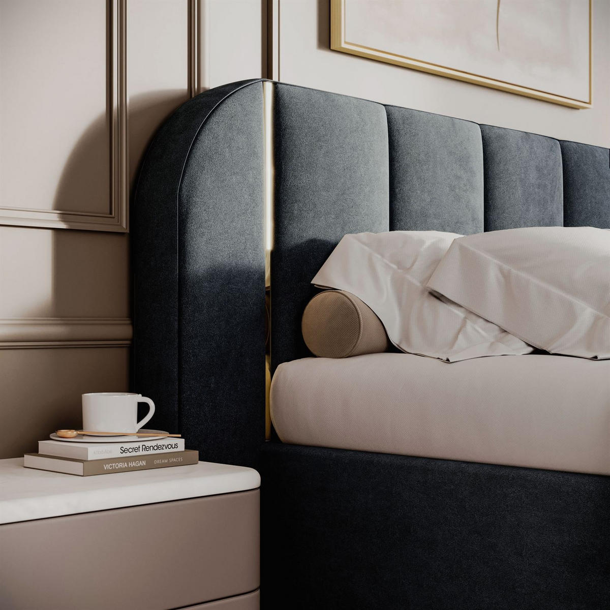 BETT AMARA GOLD 160x200 gepolstert mit Stauraum und Lattenrost, Royal Velvet 223 - Blau, Textil (160/200cm) - Lookway